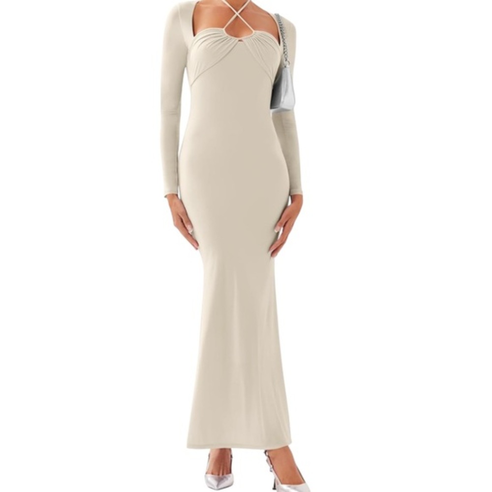 REORIA Long Sleeve Inverted Trapezoid Cross Neck Mermaid Dress